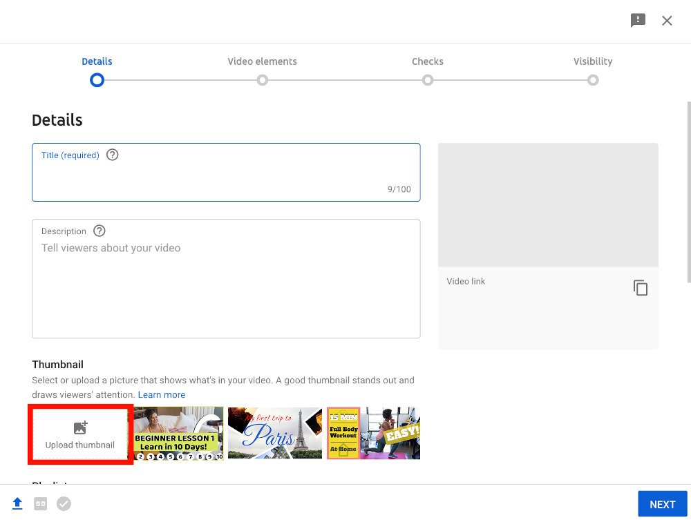 Screenshot of process for already uploaded videos in YouTube with 'Upload Thumbnail' Highlighted in Red in details panel - How to choose the perfect YouTube thumbnail size - Image