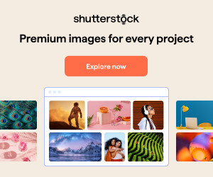 Shutterstock ad banner featuring the text 'Premium images for every project' and a button labeled 'Explore now', with a collage of vibrant stock photos including nature, people, food, and abstract designs.